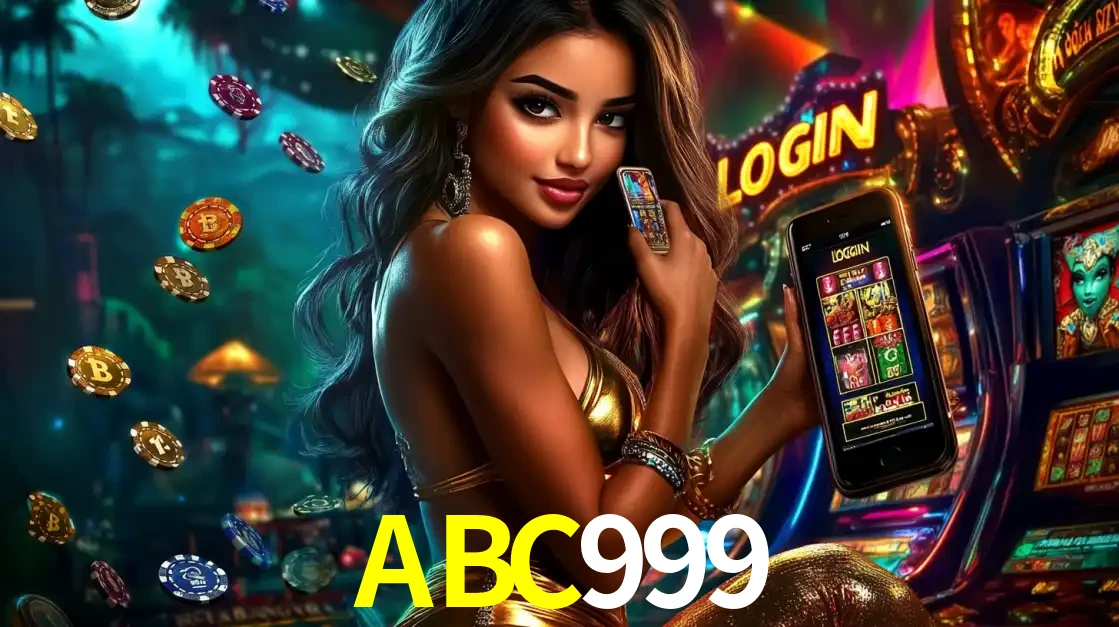 Mulher em um cenário de cassino temático de aventura, mostrando o app de caça-níqueis da ABC999 no celular. Fichas de apostas flutuam ao redor.