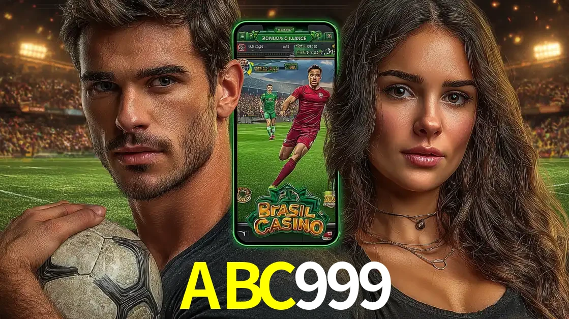 Homem segurando uma bola de futebol e uma mulher ao lado de um smartphone exibindo o jogo de apostas esportivas da ABC999. Faça seu palpite no cassino online.